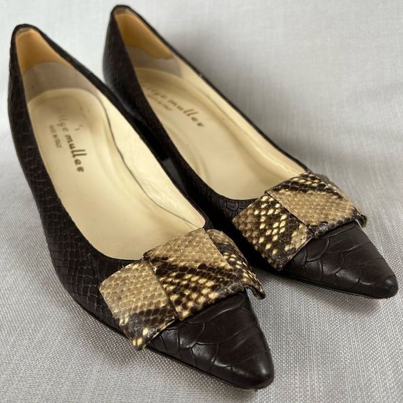 BETTYE MULLER LADIES HEELS SHOES 40 BROWN PYTHON LEATHER TEXTURED BOW POINTY - Picture 12 of 16